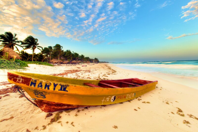 Yellow Boat on Beach — Serene, Sunset