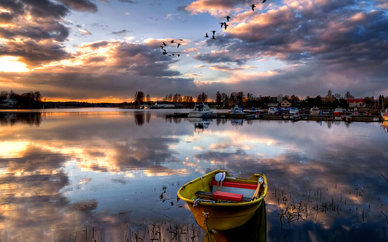 Yellow Boat on Lake — Blue