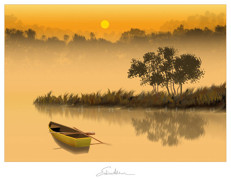 Yellow Boat on Lake — Orange