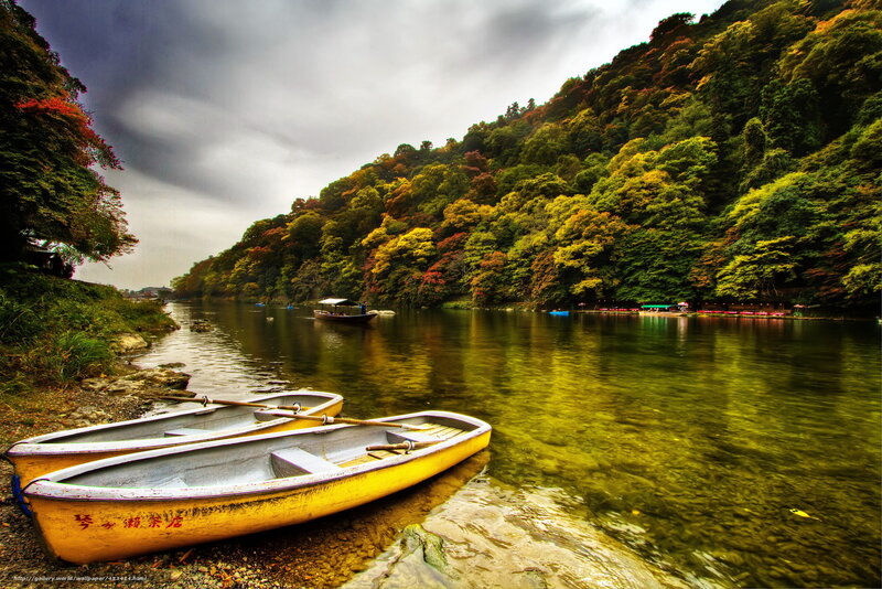 Yellow Boats on Riverbank — Green, Dramatic