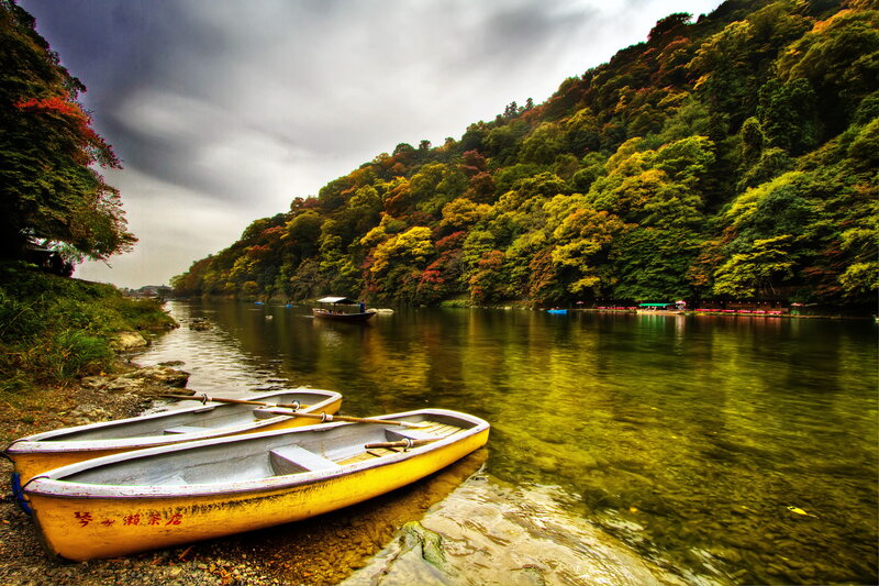 Yellow Boats on Riverbank — Green, Serene, Autumn