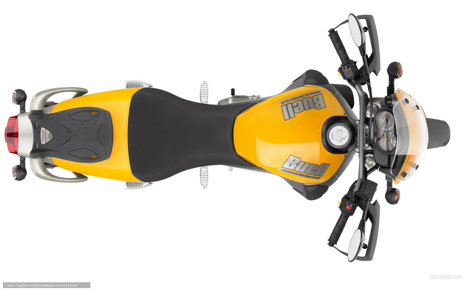 yellow Buell motorcycle from above