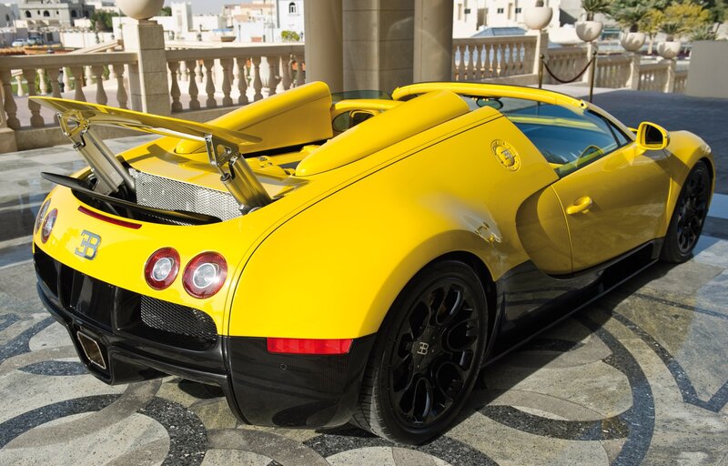 Yellow Bugatti Veyron — Dramatic, Afternoon, Photograph, Car, Building, Pavement