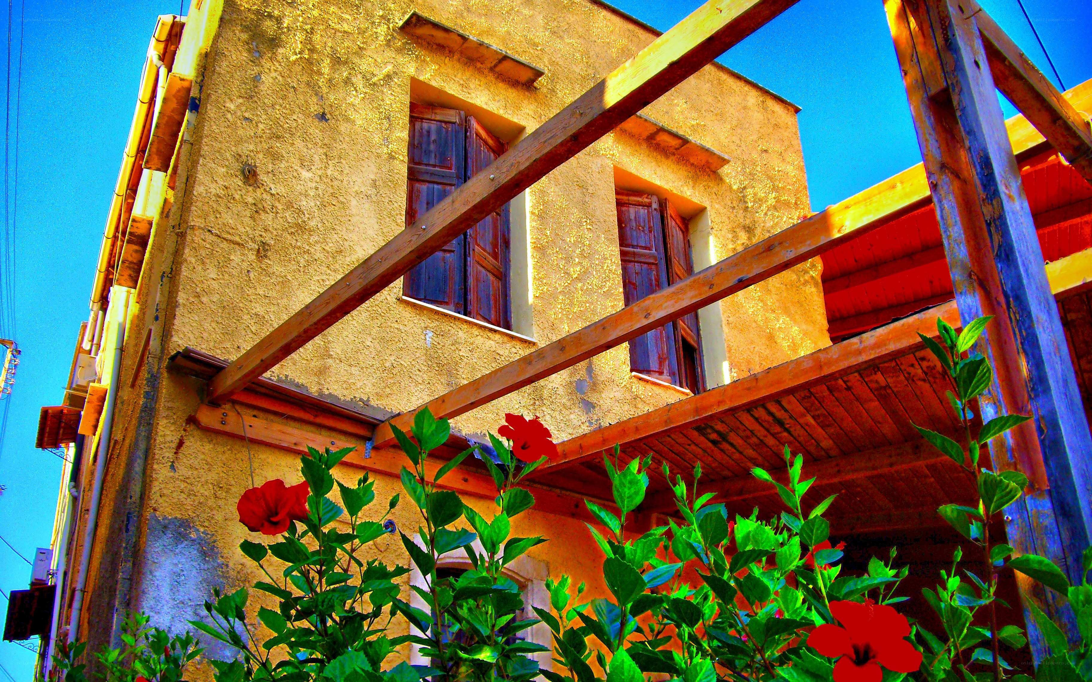 Yellow building with red flowers