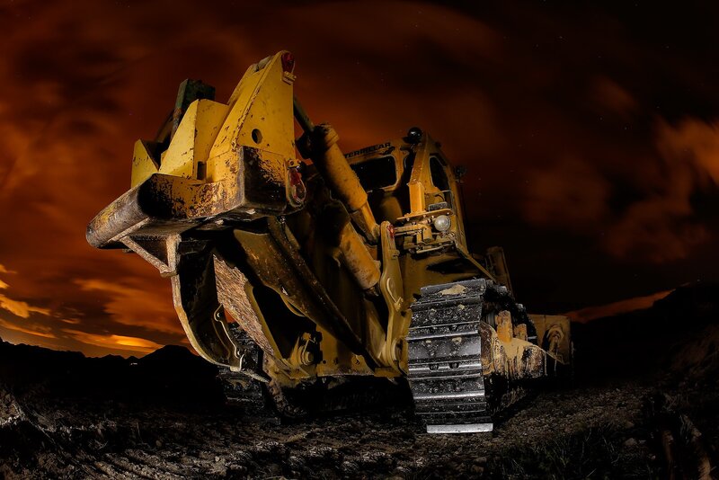 Yellow Bulldozer at Night