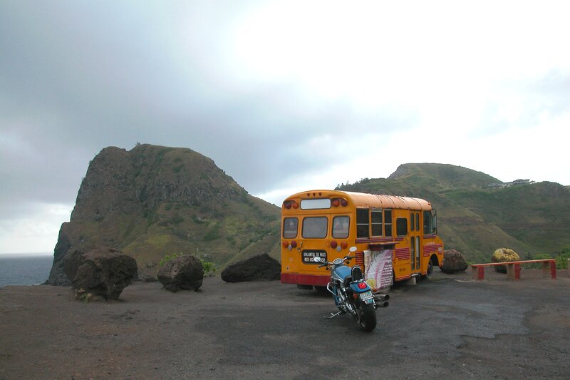 Yellow Bus and Motorcycle