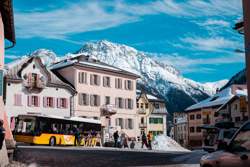 Yellow Bus in Mountain Town