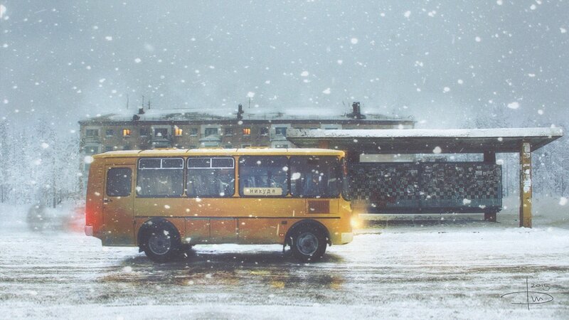 Yellow Bus in Snow