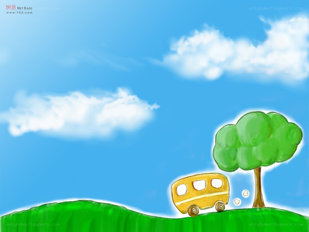 Yellow bus on green hill