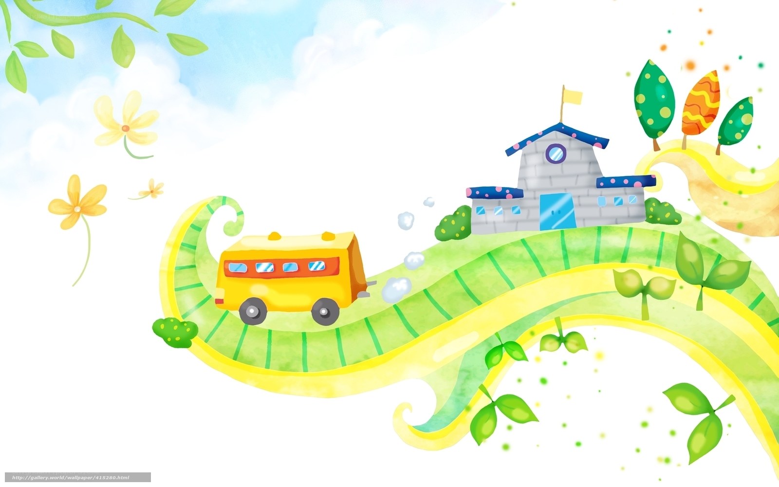 yellow bus on green hill