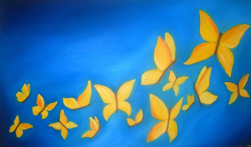 Yellow butterflies on blue