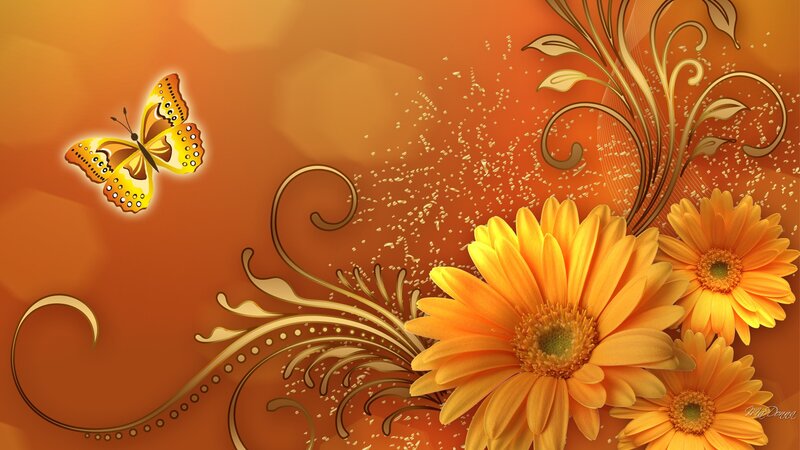 Yellow Butterfly and Flowers — Orange
