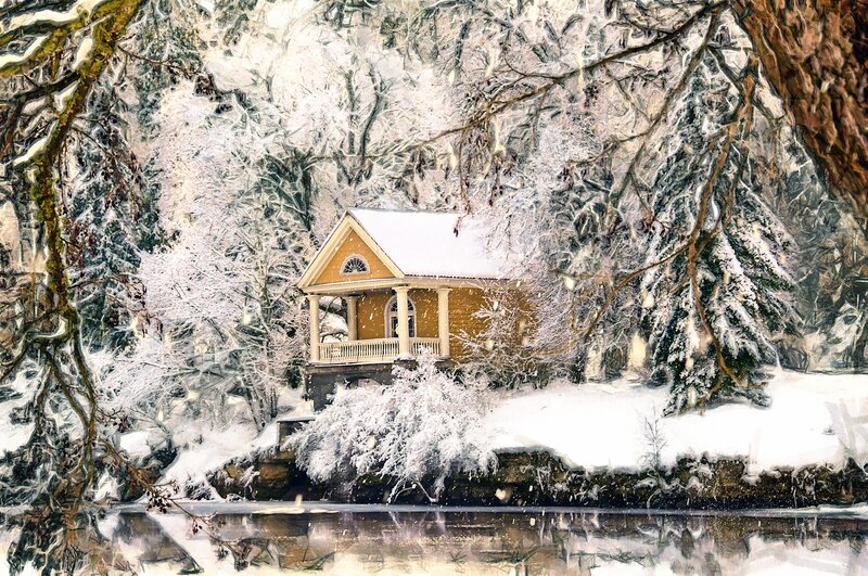 Yellow Cabin in Snow — White, Serene