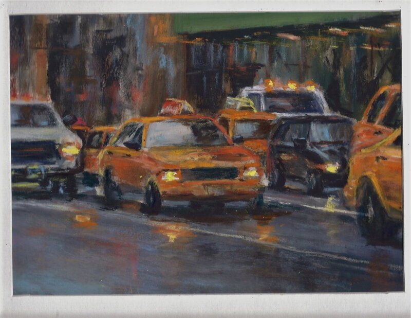 Yellow cabs in rainy city