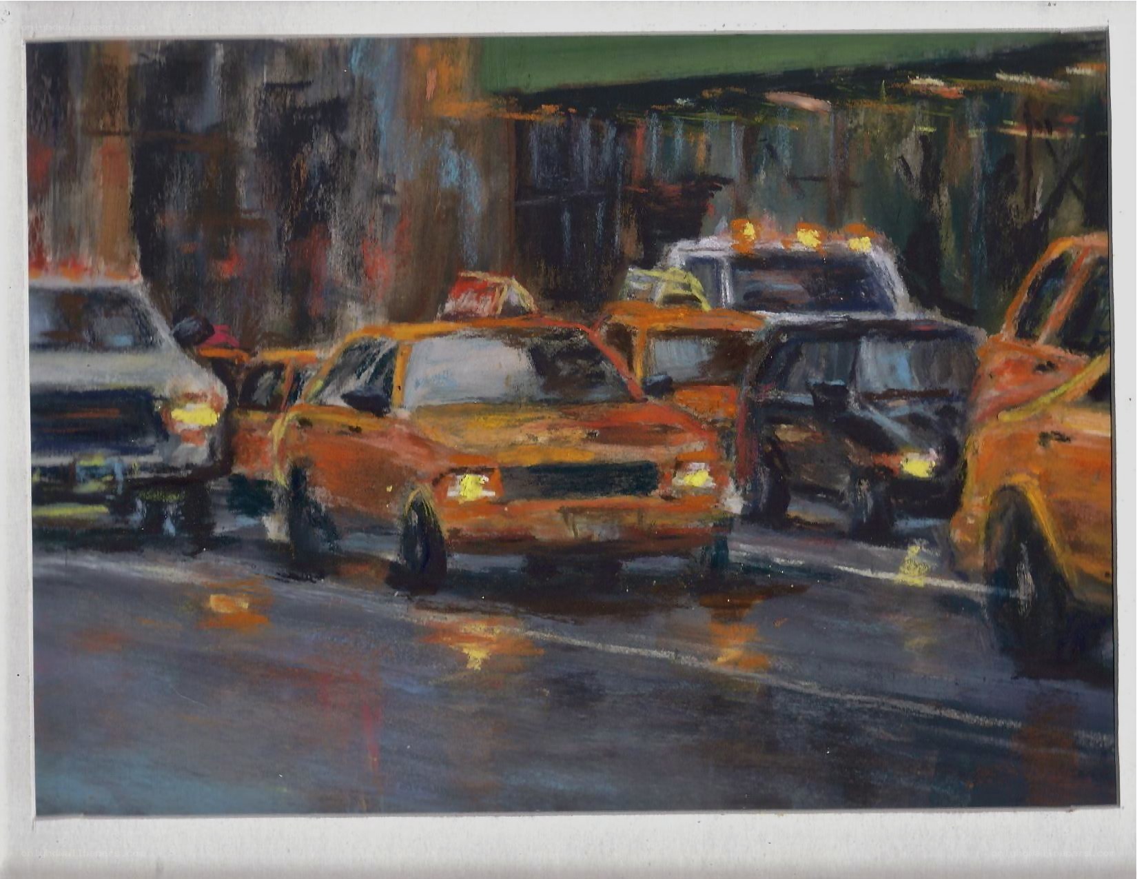Yellow cabs in rainy city