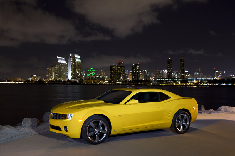 Yellow Camaro at night