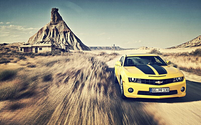 Yellow Camaro Car — Dramatic, Afternoon, Photograph, Desert