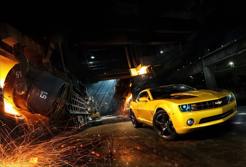 Yellow Camaro Car — Dramatic, Night, Digital Art, Sparks