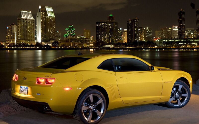 Yellow Camaro Car — Dramatic, Night, Photograph, City Skyline