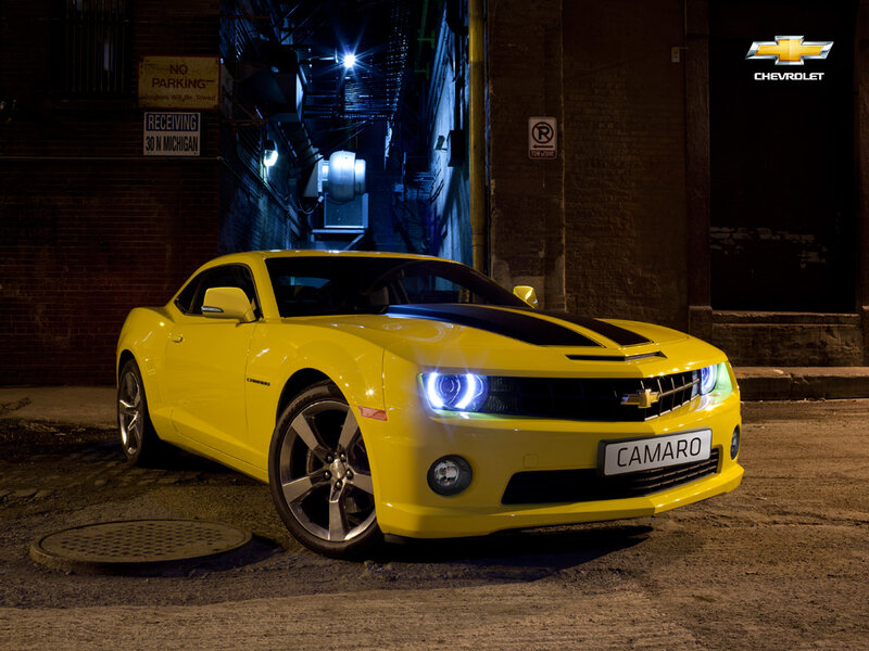 Yellow Camaro Car — Dramatic, Night, Photograph