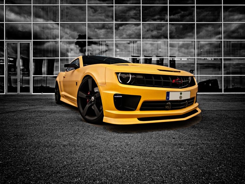 Yellow Camaro Car — Dramatic, Photograph, Building