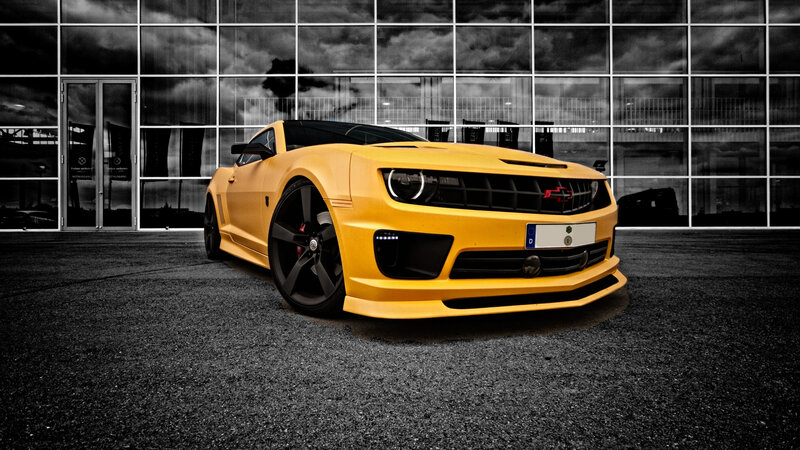 Yellow Camaro Car — Dramatic, Photograph, Building, Windows