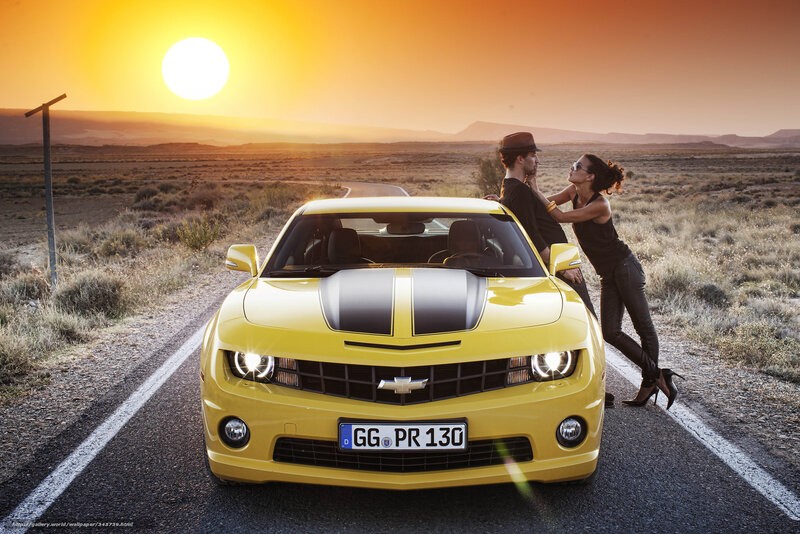 Yellow Camaro Car — Dramatic, Sunset, Photograph, Couple, Road
