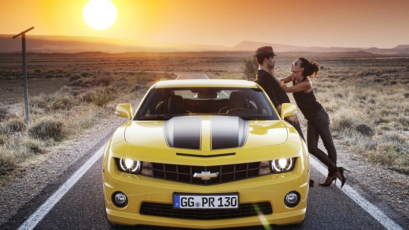 Yellow Camaro Car — Dramatic, Sunset, Photograph, Couple