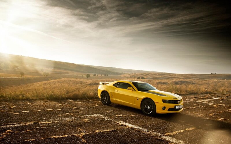 Yellow Camaro Car — Dramatic, Sunset, Photograph, Field