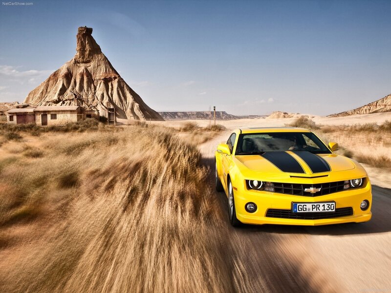 Yellow Camaro in desert landscape
