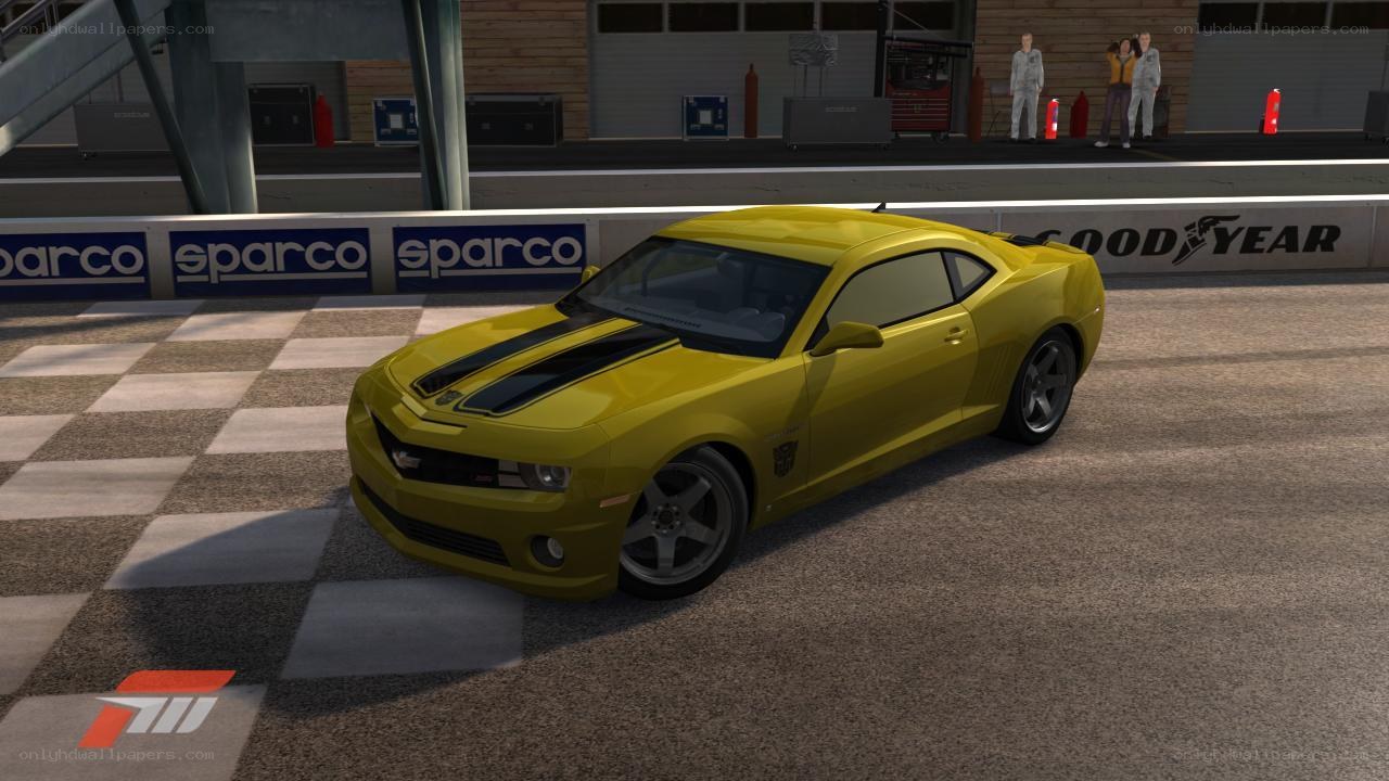 Yellow Camaro on racetrack