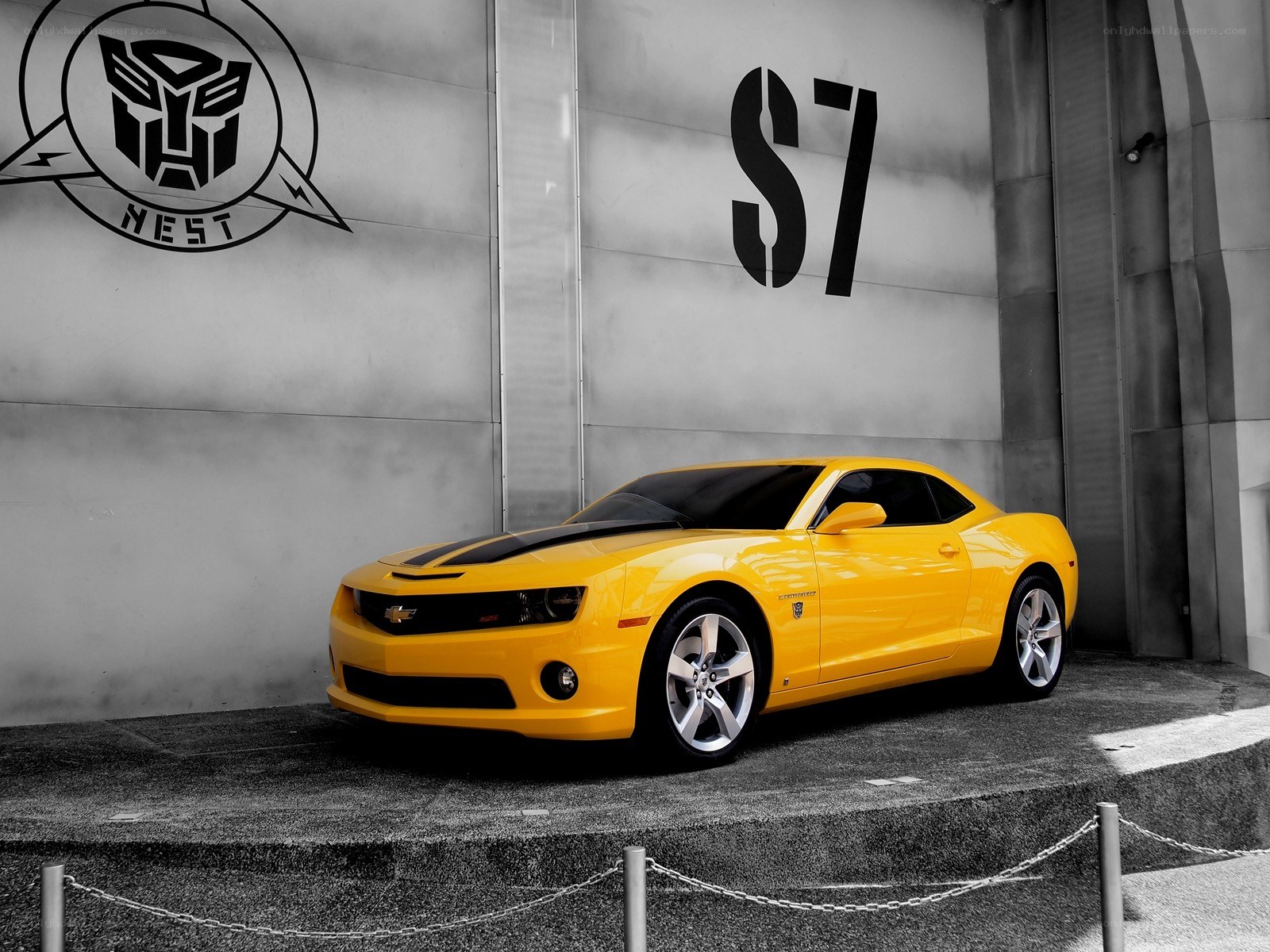 Yellow Camaro with Transformers logo