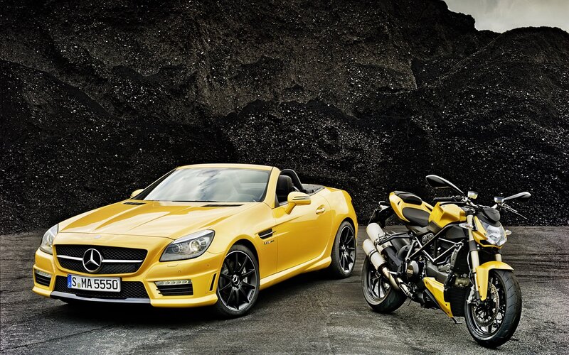 Yellow Car and Motorcycle — Dramatic, Photograph, Coal Pile