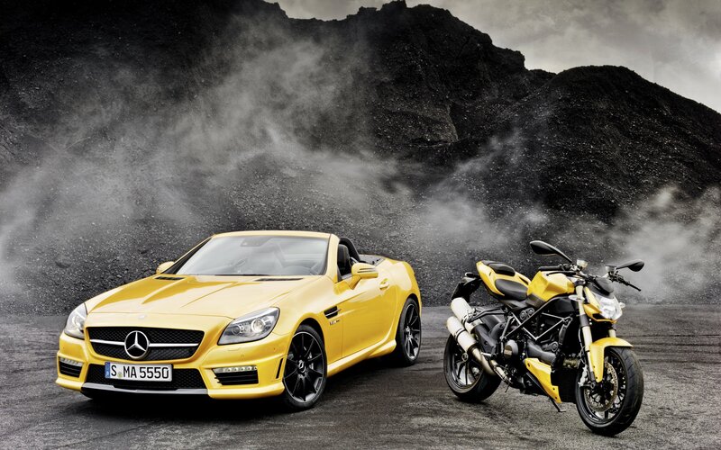 Yellow Car and Motorcycle — Dramatic, Photograph, Dust, Mountain