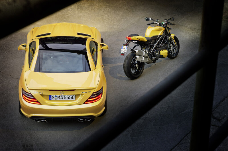 Yellow Car and Motorcycle — Dramatic, Photograph