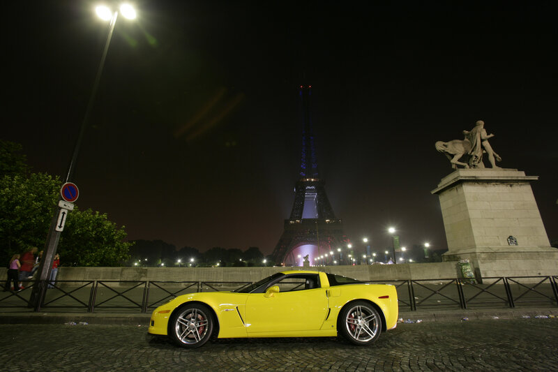 Yellow car at night in Paris