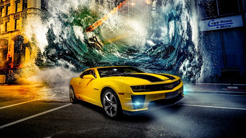 Yellow car in city flood