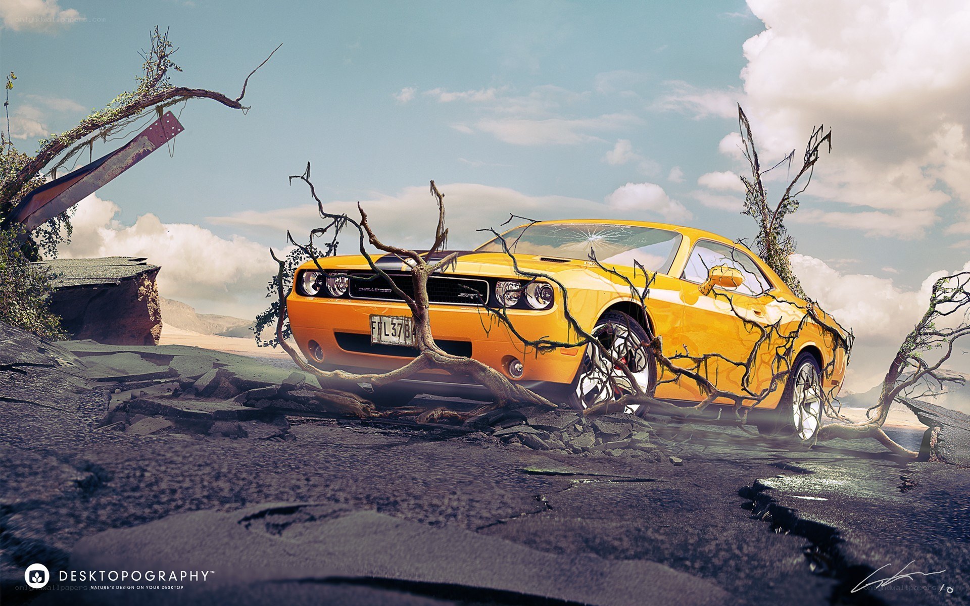 Yellow car in desolate landscape