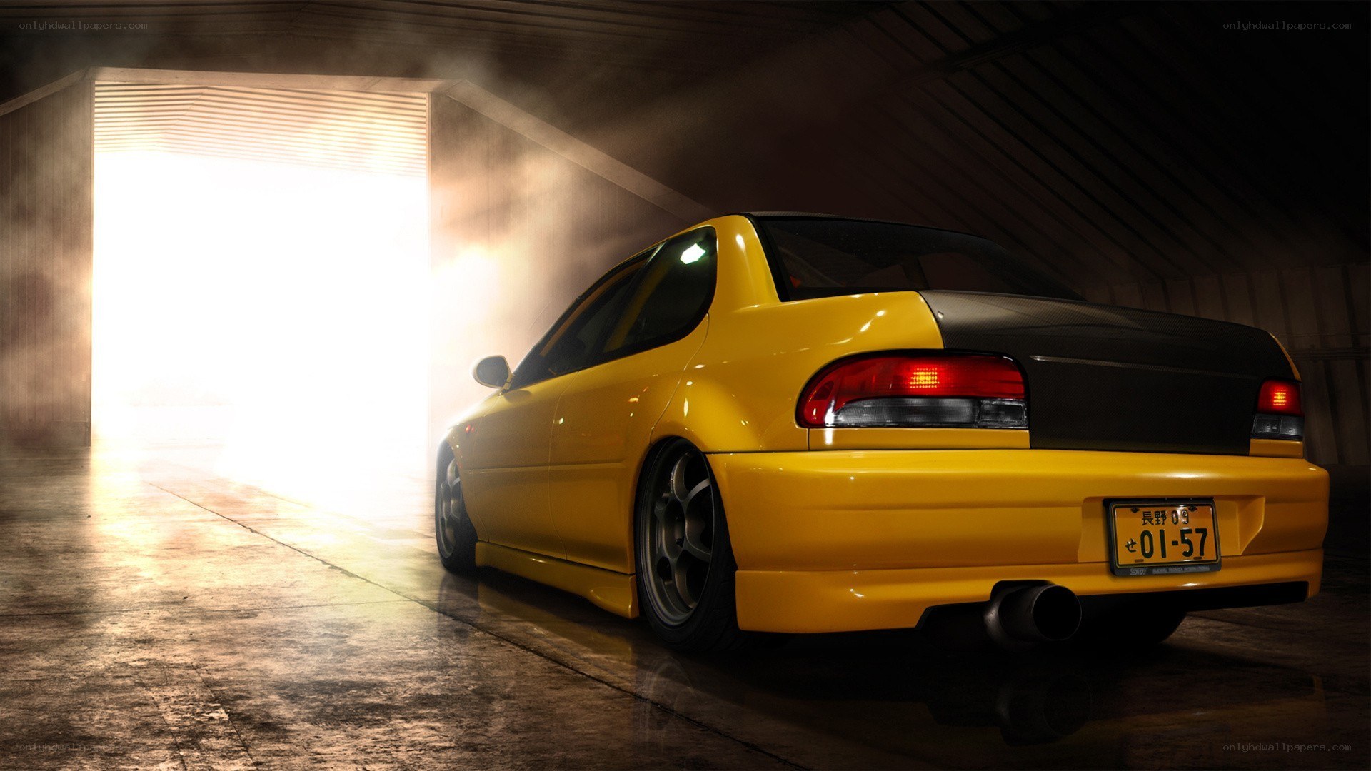 yellow car in garage