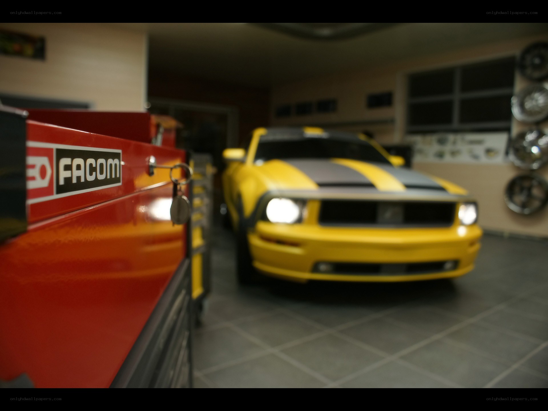 Yellow car in garage