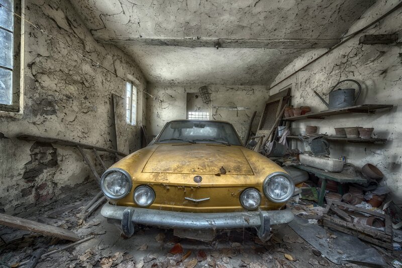 Yellow Car in Garage — Abandoned