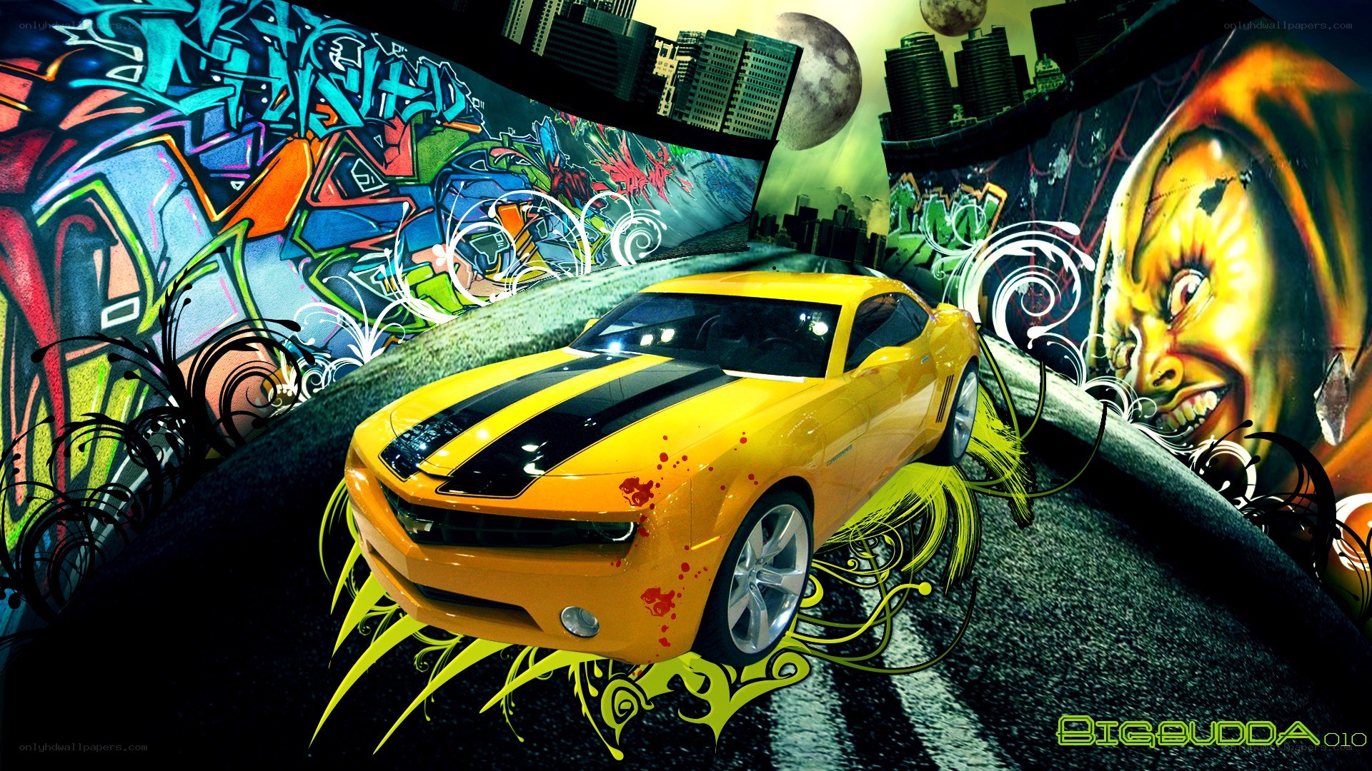 Yellow car in graffiti city