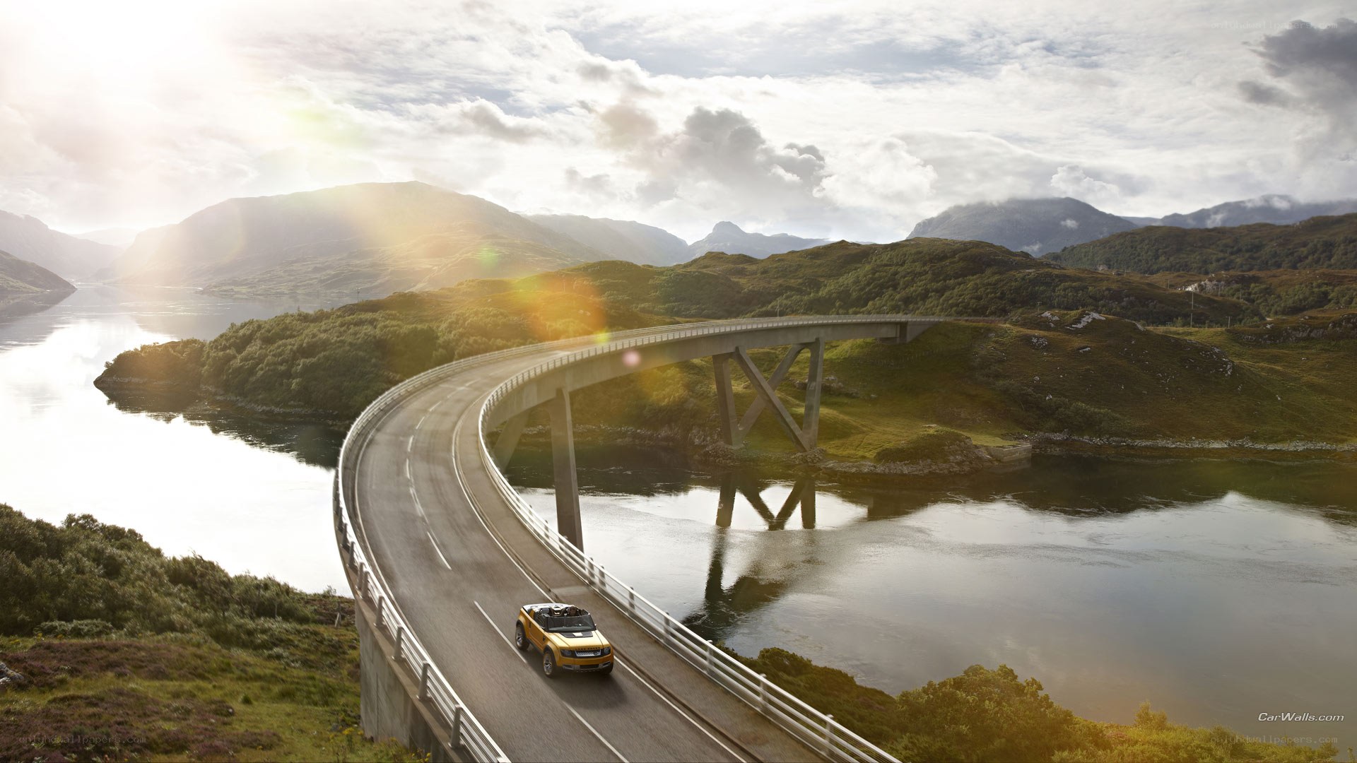 Yellow car on a scenic bridge