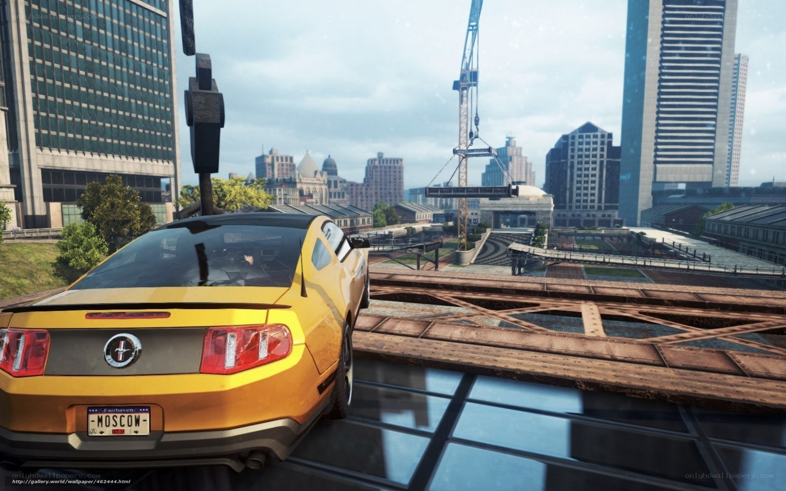 Yellow car on city bridge