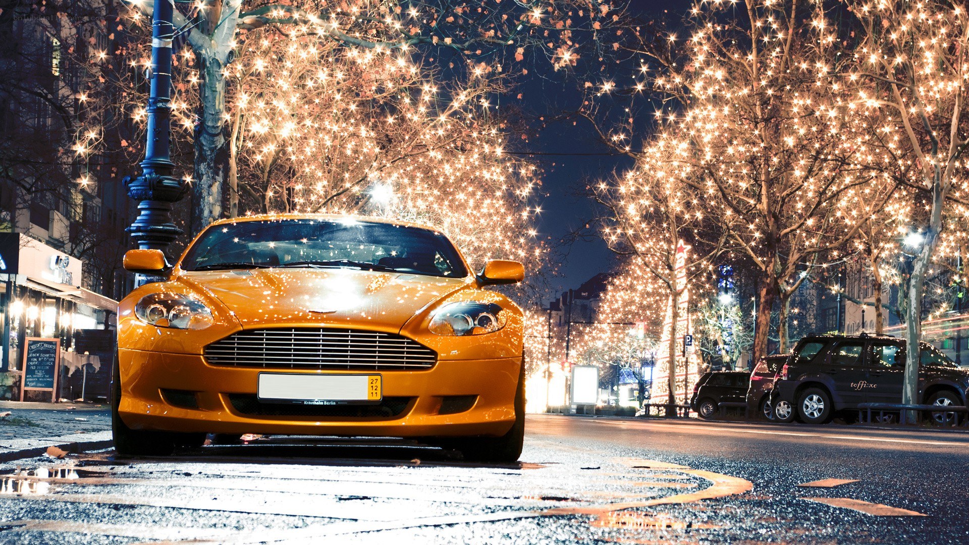 Yellow car on festive street