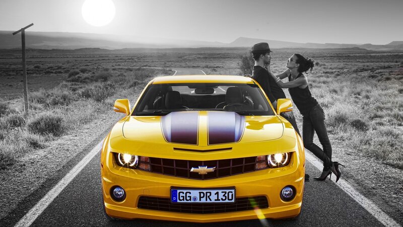 Yellow Car on Road — Dramatic, Afternoon, Photograph