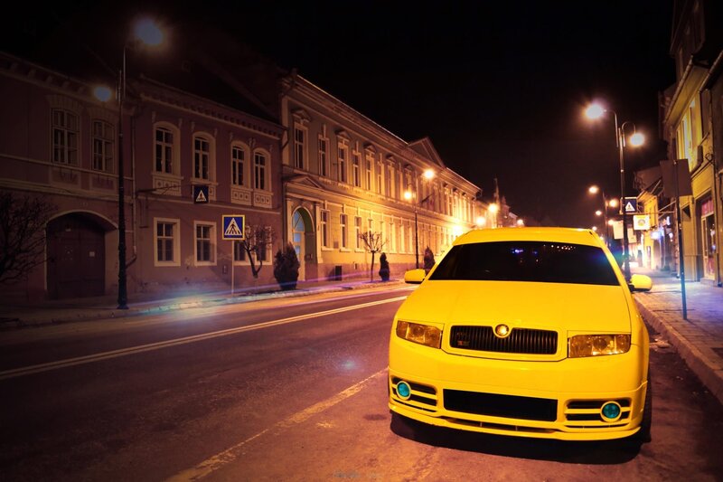 Yellow Car on Street — Dramatic, Night