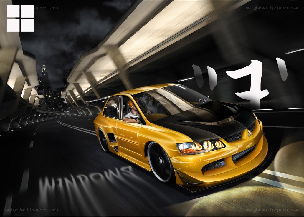 Yellow car racing at night