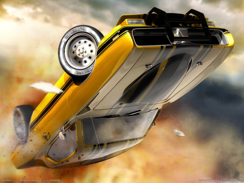 Yellow car stunt in mid-air