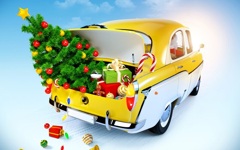 Yellow Car with Christmas Tree